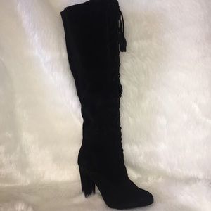 Black lace up knee high boots Faux suede